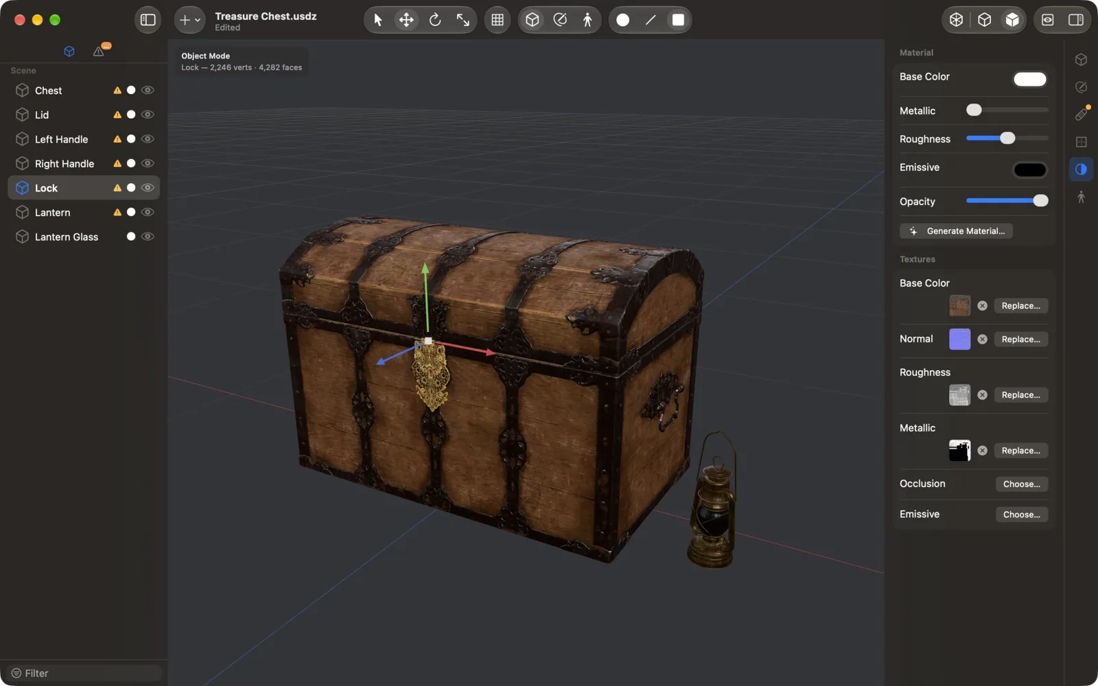 MeshEdit with a textured treasure chest open: the object list on the left, the 3D viewport in the middle and the material inspector on the right.