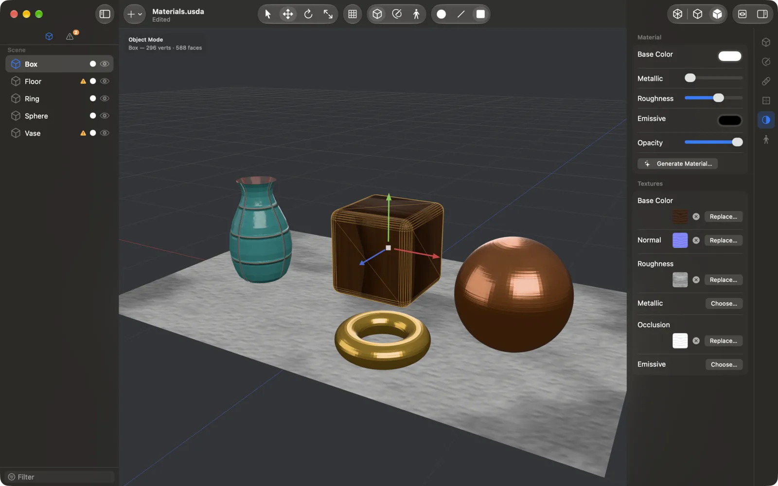 The Generate Material window creating a PBR material from a description.