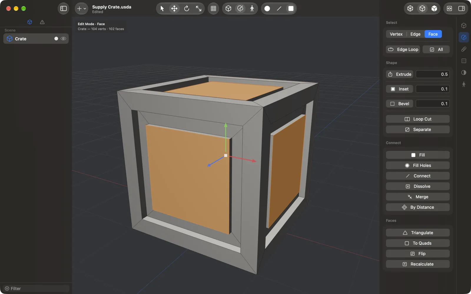 MeshEdit's Edit mode with faces selected on a mesh.