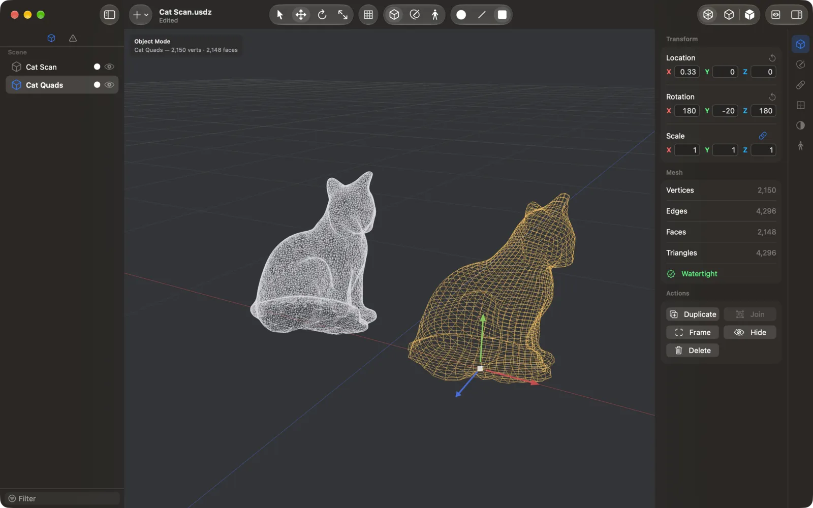 A retopologized mesh of even quads next to the original scan.