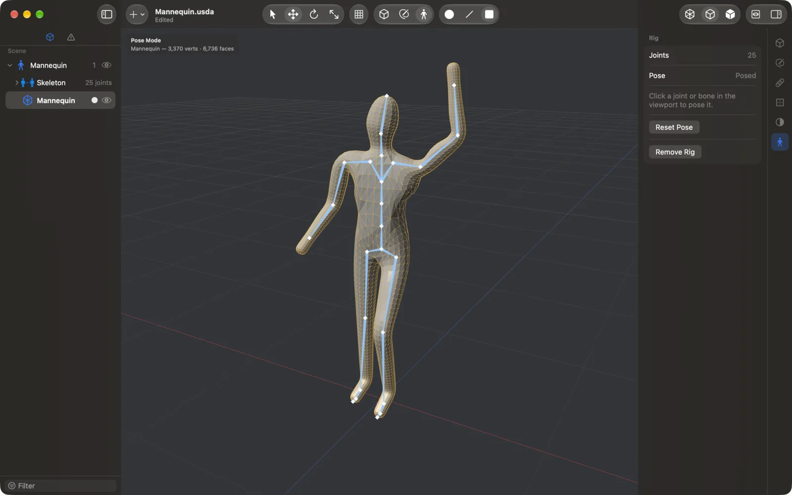 A character with its Auto-Rig skeleton in Pose mode.
